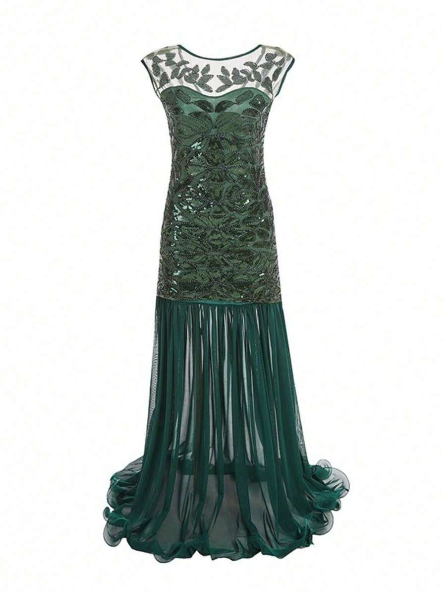 Women's Long Party Dress With V-Neck, Sequin And Lace Embroidery On The Top, Flowing Chiffon Skirt, Various Colors (Green, Black, Red, Champagne), Ideal For Banquets And Formal Events. - 綠色 - 查看 1