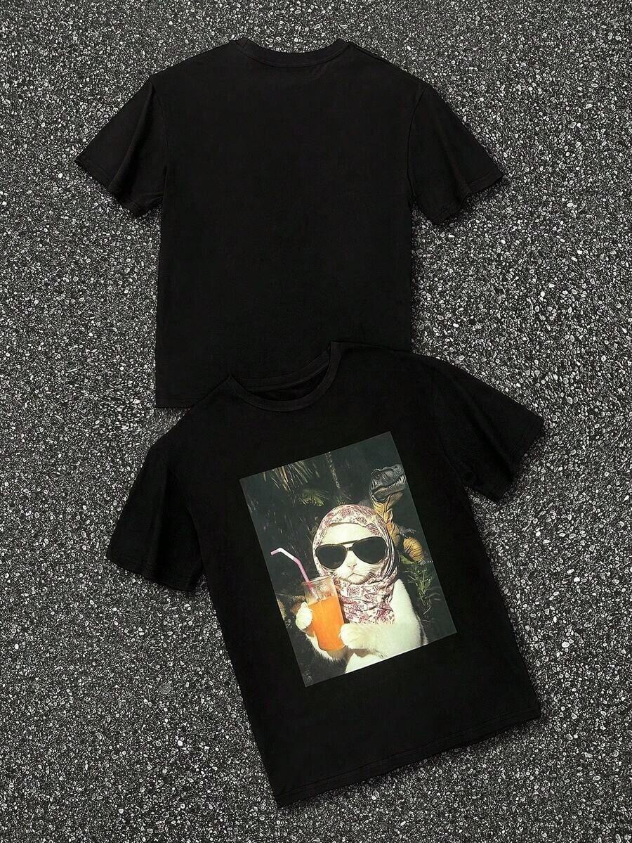 Women's Oversized T-Shirt With Vintage Cat And Meteorite Print, Unisex T-Shirt With Fun And Original Design, American Casual Style, Streetwear, Simple, For Birthdays, For Girls, Beach Vacation, Tropical Style, Round Neck, Short Sleeve, Loose, Casual And Versatile, Y2k T-Shirt. - 黑色 - 查看 1