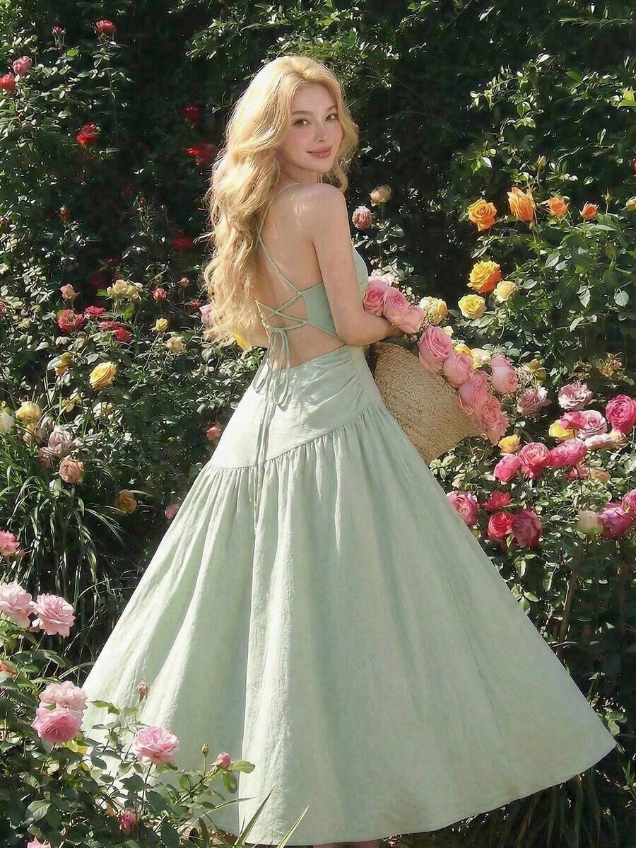 Vestido asimétrico sin espalda de color verde para vacaciones - Verde - Ver 1