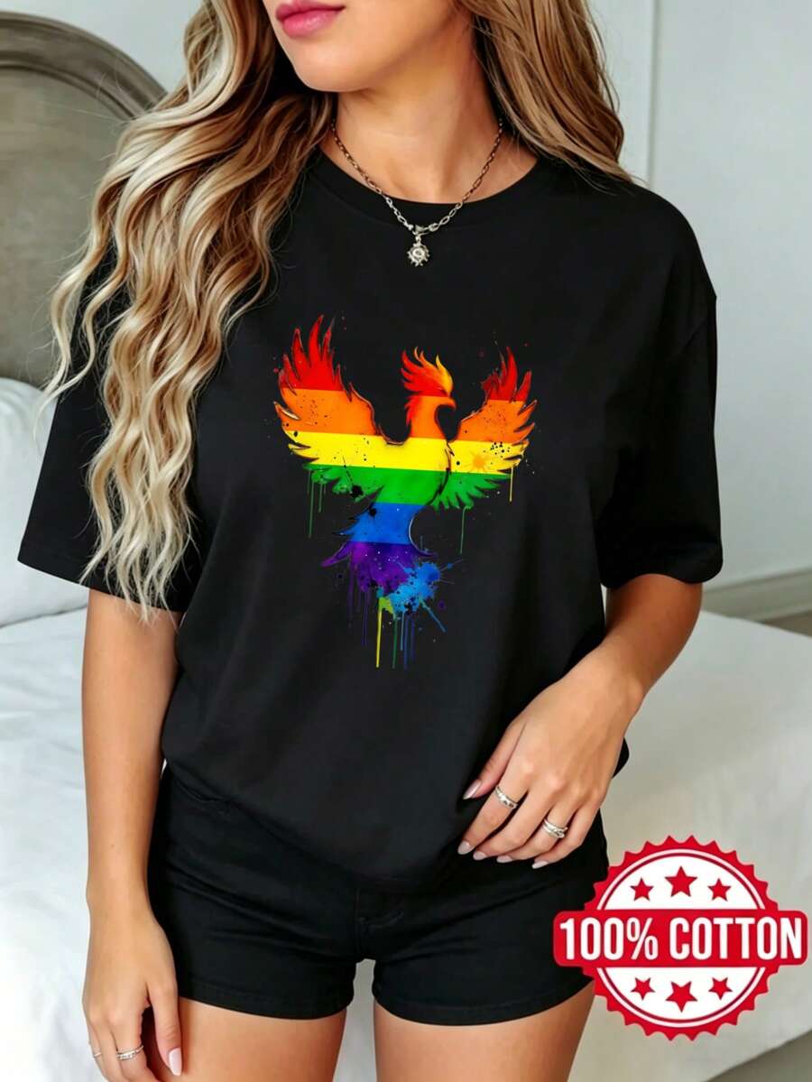 Camiseta negra de manga corta, cuello redondo y estampado para mujer de verano Fénix Arcoíris con Efecto Goteo S-3XL Moda 100% aodón material transpirable