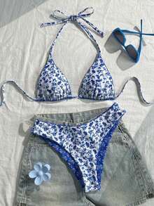 Conjunto de bikini de 2 piezas con tirantes finos, cuello halter, base negra, lunares blancos y estampado aleatorio dulce y lindo con corte alto en los laterales para mujer, primavera/verano 2026 - Multicolor 6 - Ver 7