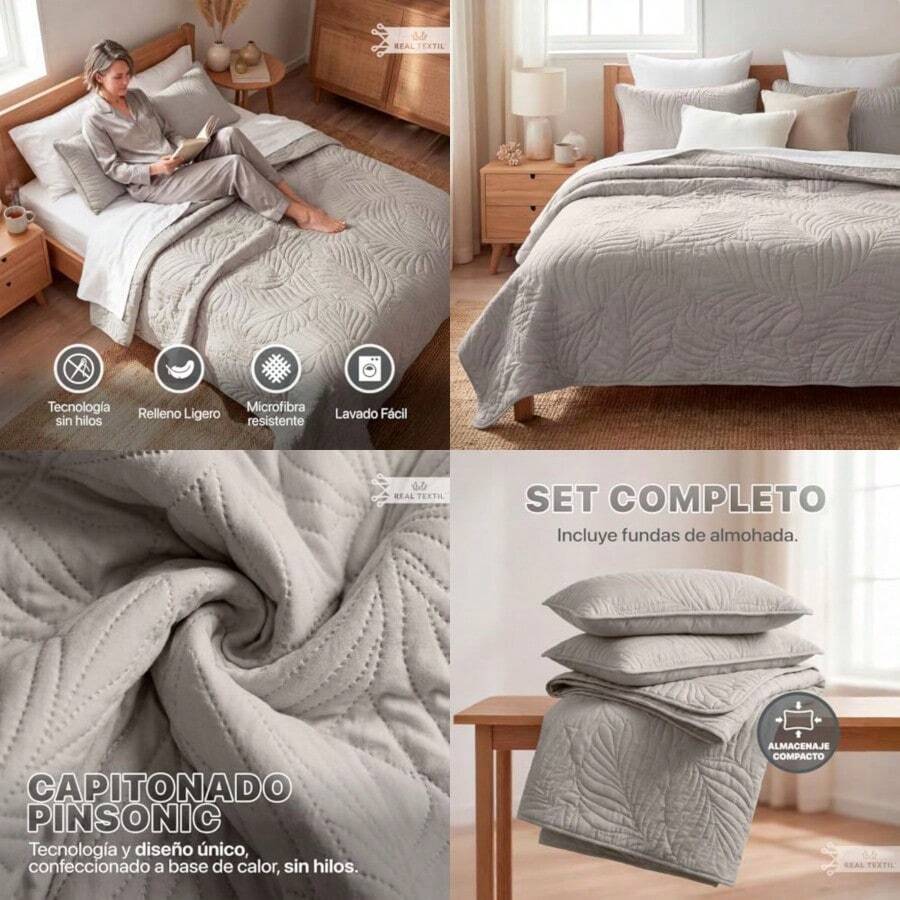 REAL TEXTIL Colcha Doble Vista con Fundas de Almohada, Edredón Ligero Capitonado Pinsonic, Edrecolcha para Verano, Sobrecama - Beige natural - Ver 1