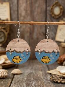 1 Pair Wooden Ocean Style Fish Earrings, Bohemian Cartoon Wave Round Dangle Earrings - Multicolor - View 6
