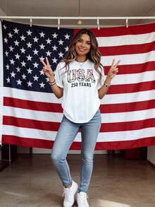 Camiseta con Estampado Floral "Usa 250 Años" para Mujer, Blusa Blanca Casual, Regalo Patriótico para Celebrar el Día de la Independencia - Blanco - Ver 3
