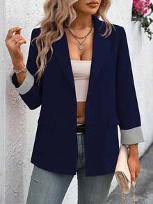 Clasi Chaqueta ligera de estilo casual de negocios para mujer, con cuello de solapa, apta para el lugar de trabajo, de unicolor, para primavera/otoño - Azul marino - Ver 4