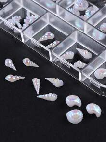 12件裝美人魚白色海洋貝殼海星珍珠海螺全息極光美甲飾品 樹脂美甲DIY裝飾配件 - 彩色 - 查看 5