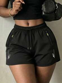 Women's Casual Sports Shorts, Lightning Print, Zipper Closure, Drawstring Waist, Suitable For Running, Sports, Casual Wear In Summer - Black - View 1