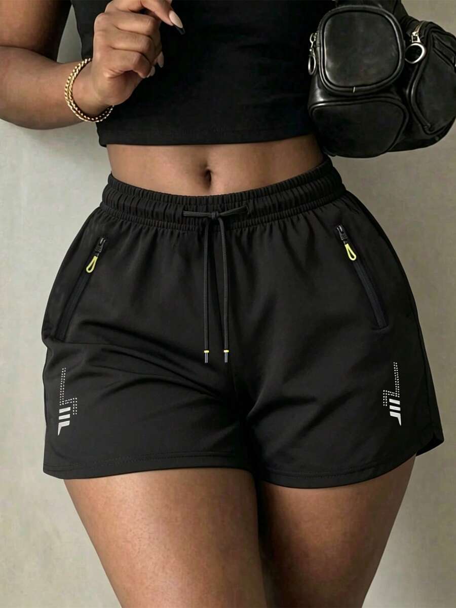 Women's Casual Sports Shorts, Lightning Print, Zipper Closure, Drawstring Waist, Suitable For Running, Sports, Casual Wear In Summer - Black - View 1