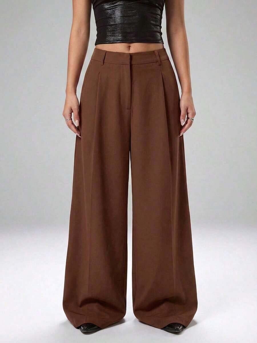 Pantalones casuales y versátiles de cintura alta con pierna ancha de unicolor - Café integral - Ver 1