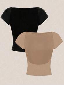 2 piezas Camiseta corta y ajustada casual de mujer con cuello redondo y espalda descubierta, para verano - Multicolor 2 - Ver 9