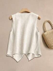Chaleco de lino casual para mujer, estilo corto para primavera y verano - Blanco - Ver 2