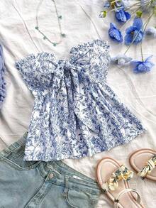 Parte superior de bandeau con volantes, tipo línea A, con lazo en la cintura, para vacaciones informales - Azul y blanco - Ver 1
