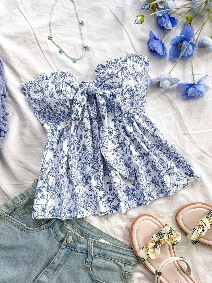 Parte superior de bandeau con volantes, tipo línea A, con lazo en la cintura, para vacaciones informales - Azul y blanco - Ver 1
