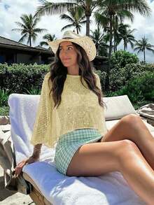 Elegante top de mujer de primavera/verano, de punto rosa, con cuello redondo, sólido, semitransparente, con capucha y detalles de lentejuelas calados, para uso casual, vacaciones y playa - Amarillo - Ver 6