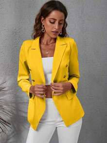 Blazer informal de unicolor de doble botonadura para mujer, chaqueta de verano para mujer, chaqueta morada, blazers para mujer - Amarillo - Ver 4