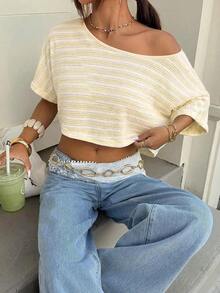 Camiseta de mujer de punto a rayas de estilo minimalista y casual, de un hombro, con efecto dopamina, adecuada para el uso diario, citas, reuniones, otoño/invierno/verano, Navidad, Año Nuevo, Acción de Gracias, fiestas, bodas, playa, ceremonias de graduación, moda, elegante, casual, salidas, citas, reservas, viajes, brillante, Día de San Valentín, vacaciones, Y2K y otras ocasiones. - Amarillo 2 - Ver 6