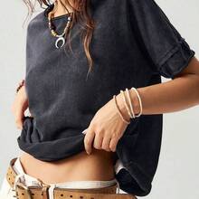 Casual Solid Color Knit Round Neck Short Sleeve Loose Butterfly Cutout Back Women T-Shirt,Summer Top - Morado - Ver 5