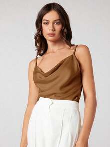 Top de satén sin mangas para mujer, elegante y romántica de unicolor, para uso casual y de negocios, adecuada para oficina, diario, otoño - Amarillo - Ver 2
