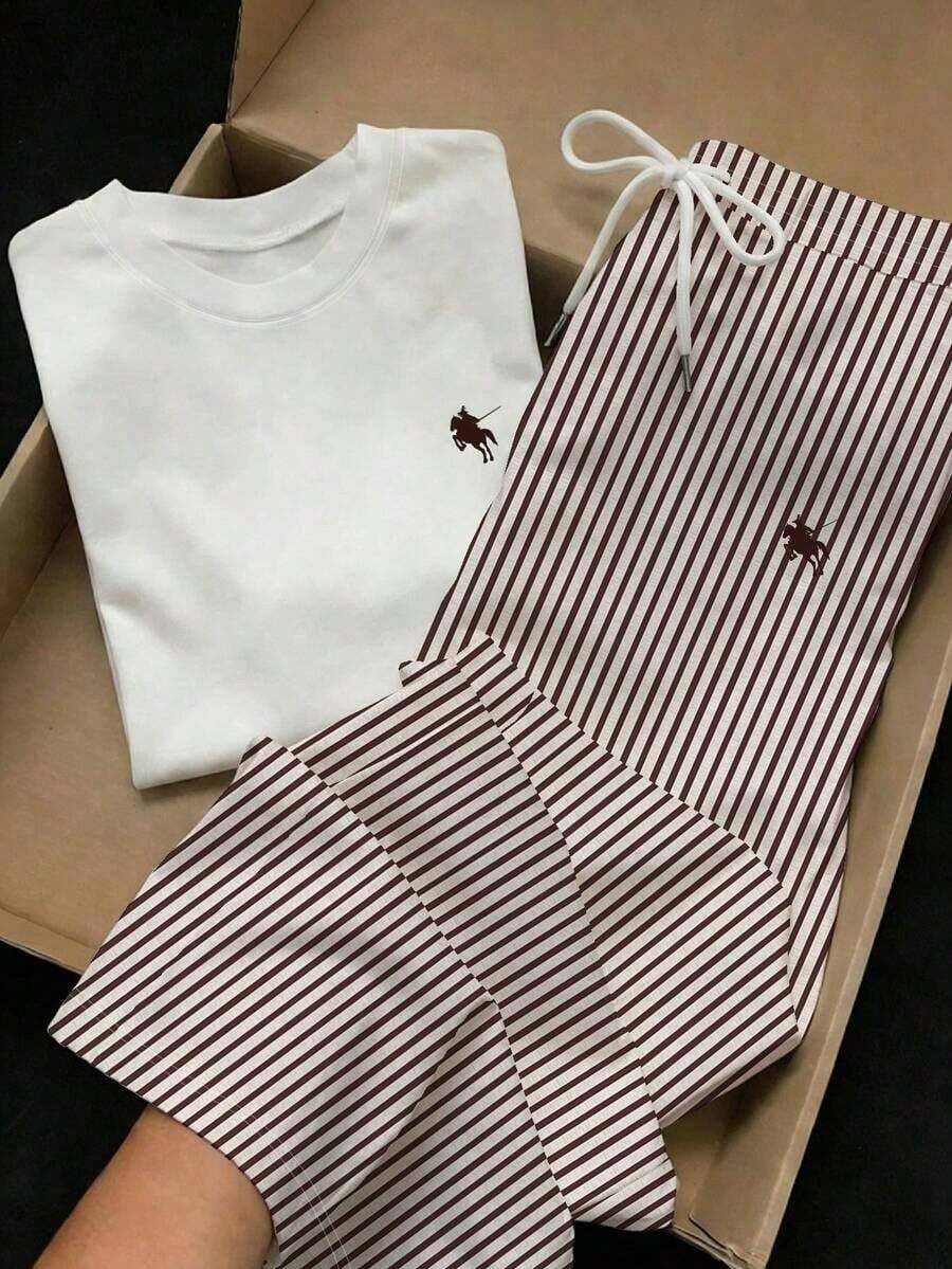 2 piezas Conjunto de top de manga corta con estampado floral bordado falso y rayas y pantalones a rayas, atuendo casual adecuado para el uso diario, citas, fiestas, otoño/invierno/verano, Navidad, Año Nuevo, Acción de Gracias, fiestas, bodas, - Multicolor 10 - Ver 1