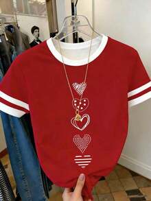 Blusa casual de cuello redondo con patrón de volantes y lazo asimétrico de color contrastante, adecuada para uso diario casual - Rojo - Ver 5
