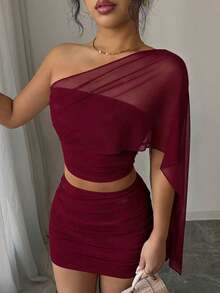 Conjunto de 2 piezas de falda mini ajustado fruncida en la cintura y top corto bandeau, de malla transparente y sexy para el verano - Burdeos - Ver 7