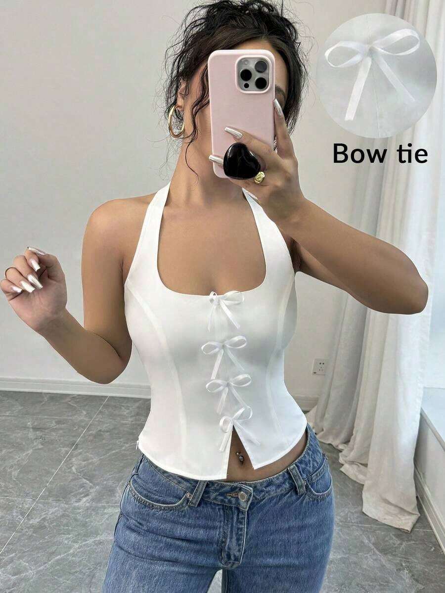 blanca elegante y ajustada con cuello de lazo para volver al colegio - Blanco - Ver 1