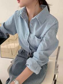 Camisa vaquera de lavado claro con cuello, bolsillos, ajuste holgado de manga larga, para primavera/verano/otoño - Lavado ligero - Ver 4