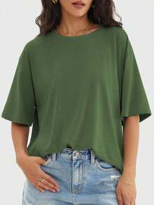 Camiseta holgada para mujer de manga corta y cuello redondo, camisa casual estilo Y2K, básica para deportes de verano - Verde Oscuro - Ver 3