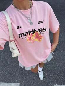 Camiseta de Verano de Alta Gama para Mujer con Estampado Gráfico de Flor de Hibisco Maldivo, Color Rosa, Casual, de Manga Corta y Cuello Redondo para Vacaciones de Verano - Blanco - Ver 9