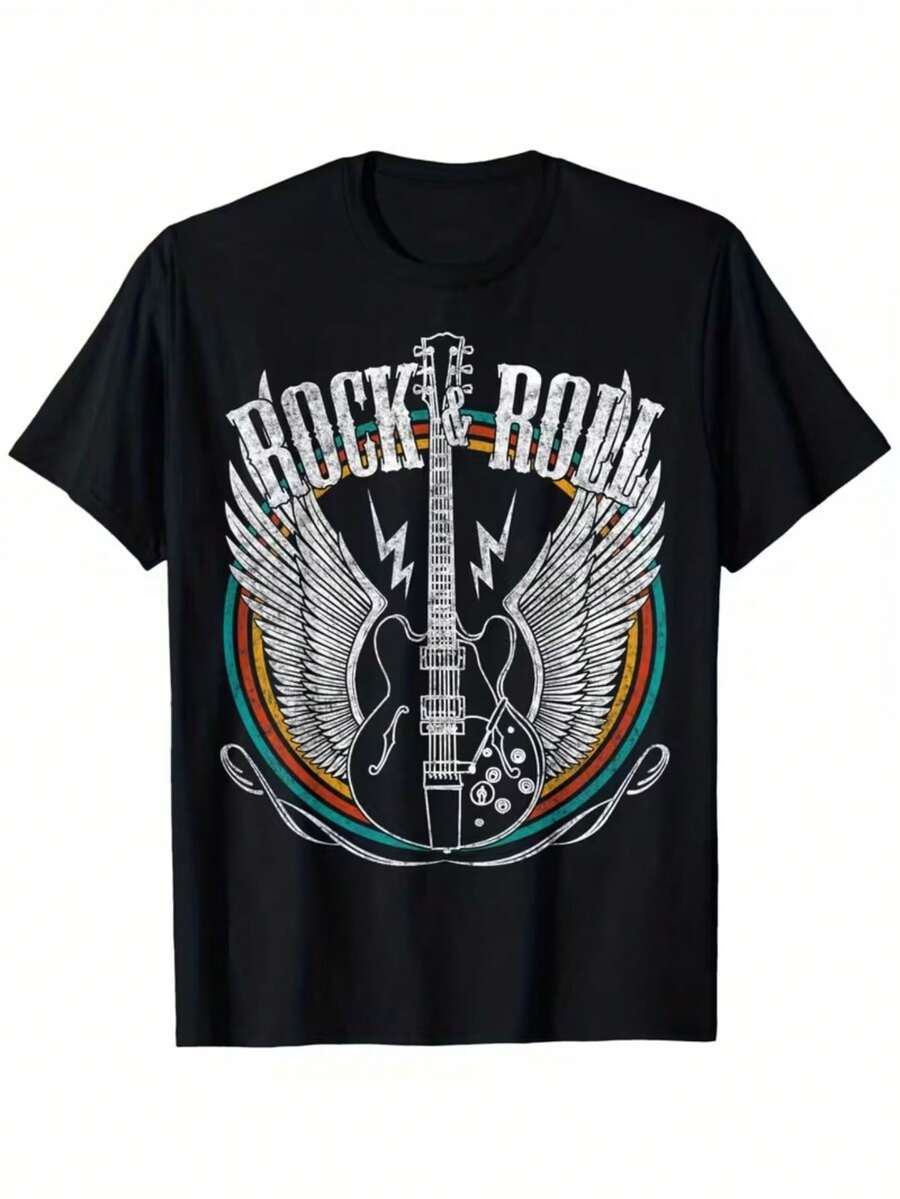 Retro 80S Rock Guitar Wings Tee, Perfect For Summer. Casual And Comfy, This Stylish Round-Neck Short-Sleeve Shirt Goes With Everything - 彩色 - 查看 1
