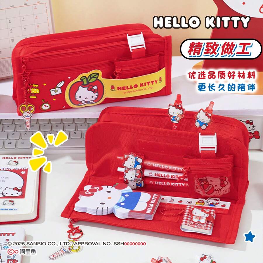 SANRIO 3件套卡通猫咪多功能帆布铅笔盒、零钱包、文具袋,大容量,韩版 - 彩色 - 查看 1