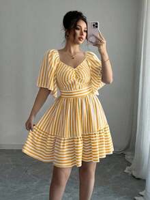Elenzya Vestido de primavera y verano de talla media con rayas azules y blancas, manga corta, elegante y casual, con cintura ajustada para mujeres - Multicolor - Ver 7