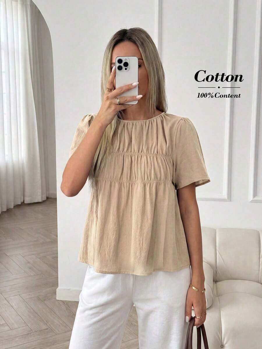 Camisa casual de mujer de unicolor, cuello redondo, manga corta y plisada - Caqui - Ver 1