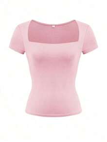 Camiseta de manga corta con cuello cuadrado de punto de unicolor, ajustada y sexy, estilo Y2K, para mujer Vaiaye, adecuada para actividades de primavera/verano y el Día de San Valentín - Rosa - Ver 3