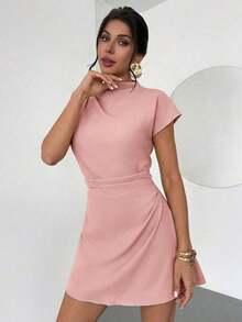 Vestido mini de línea A con cintura fruncida de unicolor, estilo de oficina para el verano - Rosa vieja - Ver 4