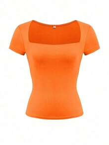 Camiseta de manga corta ajustada y sexy con cuello cuadrado de punto de unicolor para mujer Vaiaye, top de activewear para primavera/verano, adecuado para el Día de San Valentín en color rojo casual - Naranja - Ver 3