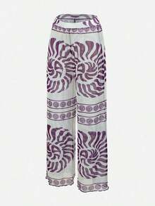 Swim Oasis Conjunto elegante de retro con estampado en espiral de un solo pieza de traje de baño coordinado con pantalón de pierna ancha, conjunto de vacaciones elegante para mujeres - Multicolor 2 - Ver 11