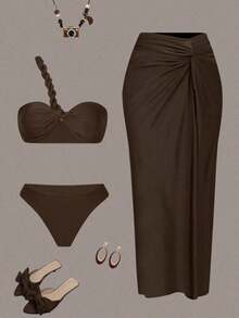 Swim Oasis Set de 3 piezas de nuevo conjunto de verano de unicolor: top sin espalda con nudo en el hombro, Bottom de bikini y vestido de playa con abertura y nudo - Marrón - Ver 5