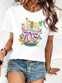 Women's Vintage 70s Music T-Shirt - Retro 1970s Print, Short Sleeve, Round Neck, With Iconic Song Graphics, Suitable For Casual Spring And Summer Wear, Theme Parties And Gifts, Machine Washable Retro Clothing, Ideal For Spring, Summer And Autumn. - 白色 - 查看 6