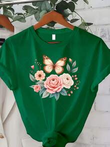 Classic Plus Size - Talla Grande - Camiseta con diseño moderno, adecuada para mujeres de talla grande, con un diseño de mariposas y flores, perfecta para uso casual en verano. Esta camiseta de manga corta y cuello redondo de estilo bohemio es una opción ideal para el verano y el otoño. Éxito de . - Verde - Ver 7