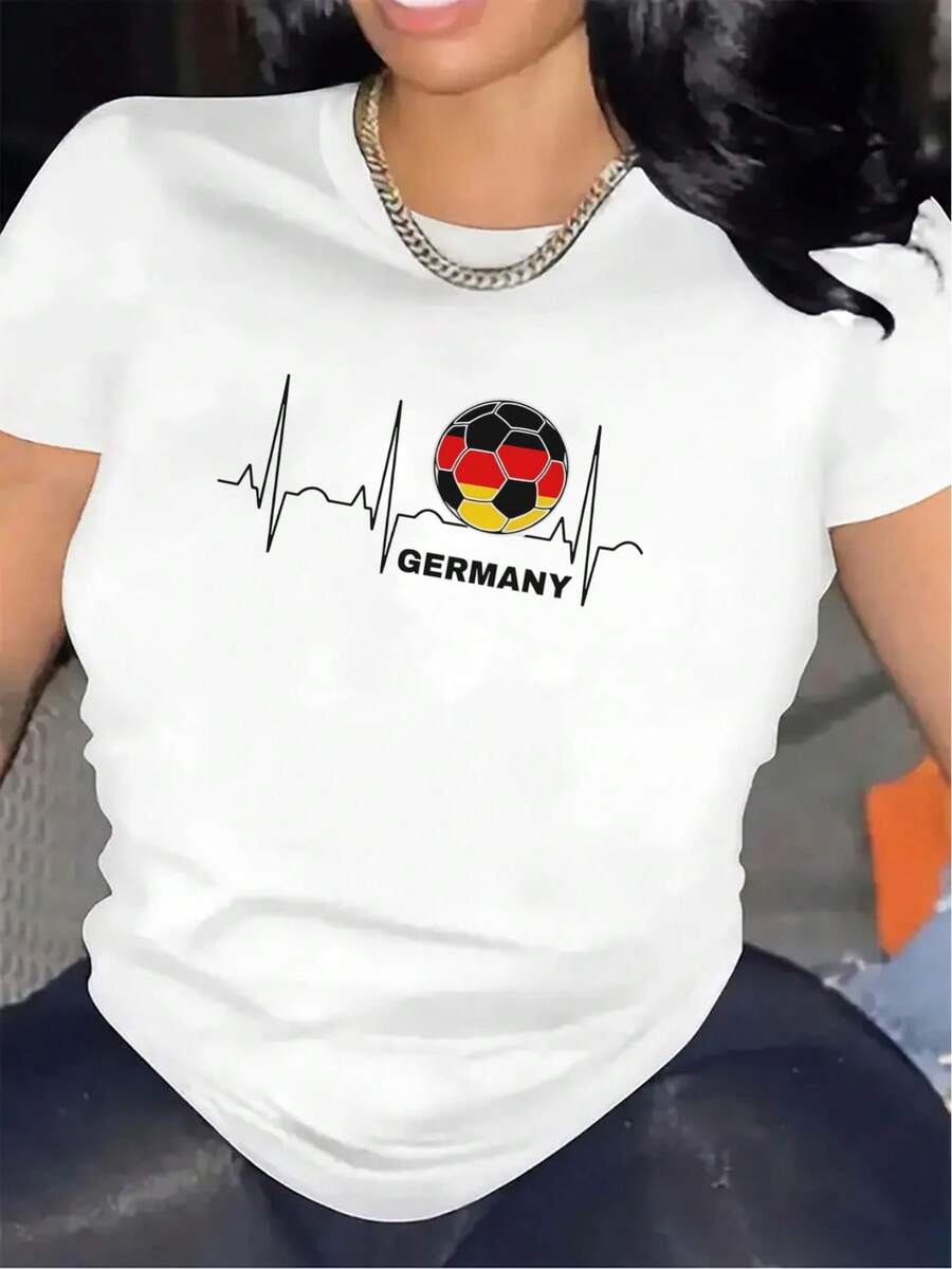 Camiseta de manga corta para aficionados al fútbol alemán, edición limitada | Material de tela, ligero y duradero, muy adecuado para el hogar, el estadio o el uso casual, con un diseño de latidos del corazón, equipado con los colores de la bandera alemana, ajuste cómodo, para el uso diario. Algodón ligero. - Negro - Ver 1