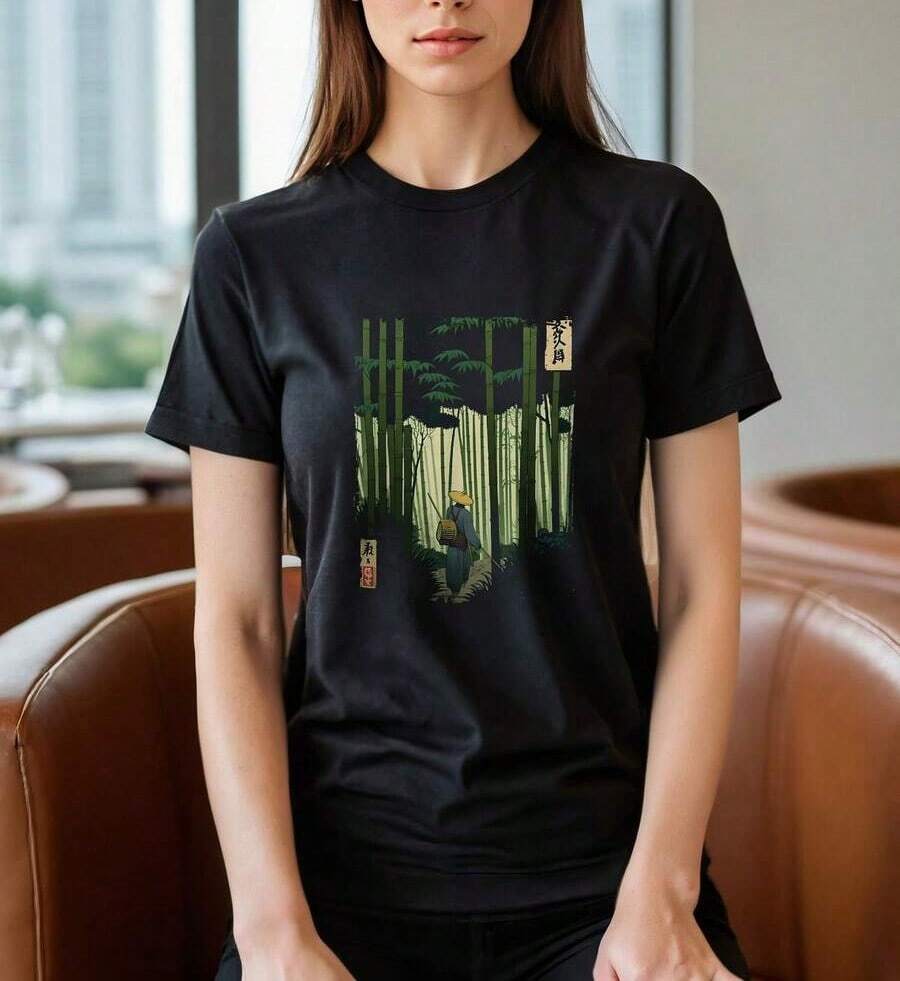 Playera de mujer 100% algodón manga corta estampado bosque de bambú estilo japonés para verano - Negro - Ver 1