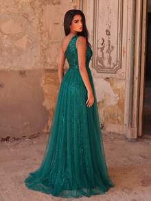 One-Shoulder Mesh & Sequin Dress, Elegant For Gala, Wedding Guest, Graduation Ceremony, And Other Formal Occasions - Dark Green - View 3