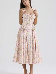 Vestido largo tirantes ajustable con estampado elegante estilo europeo - Rosa Pálido - Ver 4