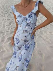 Nueva colección otoño vestido con tirantes estampado vintage escote bajo estilo vacancial corte ajustado sensual elegante moda  europea para mujer - Azul - Ver 3