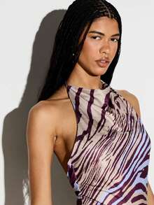 KIZN Vestido mini ajustado con cuello halter, espalda descubierta y fruncido, con estampado de cebra, para fiestas de verano y salidas nocturnas - Multicolor - Ver 5