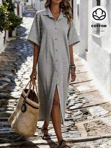 Holidaya Vestido casual de verano de algodón y lino con botones delanteros a rayas para mujer - Gris Oscuro - Ver 7
