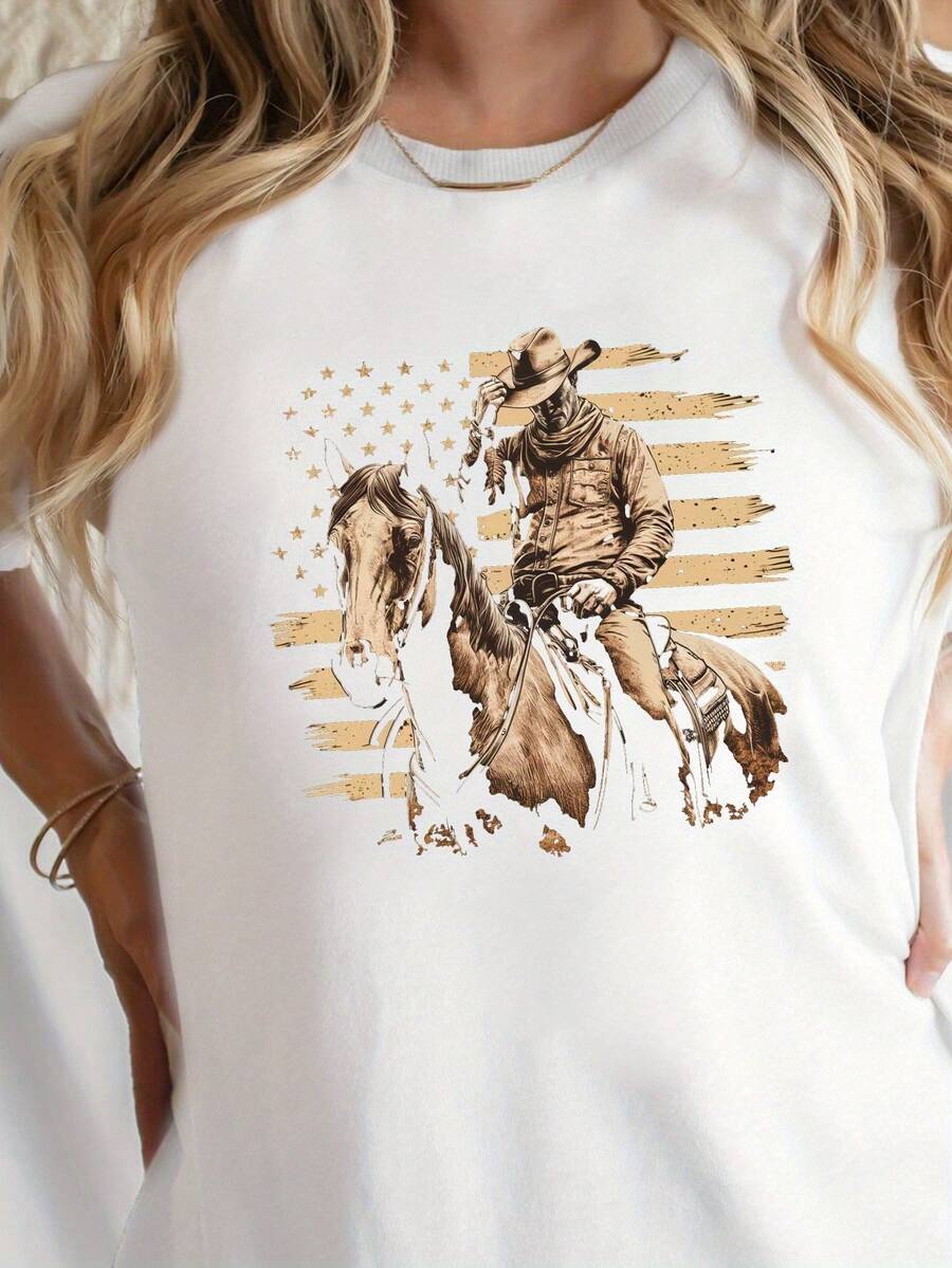 Women's 100% Cotton Printed T-Shirt, Short Sleeve Round Neck Top For Spring/Summer, Pure Cotton Denim Style T-Shirt For Women, Comfortable And Well-Fitting. - 白色 - 查看 1