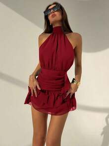 Vestido mini con cintura ceñida, volantes en el bajo y lazo en la espalda, para el Día de San Valentín - Rojo - Ver 8