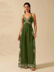 Mono largo sin mangas de mujer con estampado de árbol de plátano y árbol de coco, estilo bohemio, para vacaciones, casual, playa, verano - Verde - Ver 8